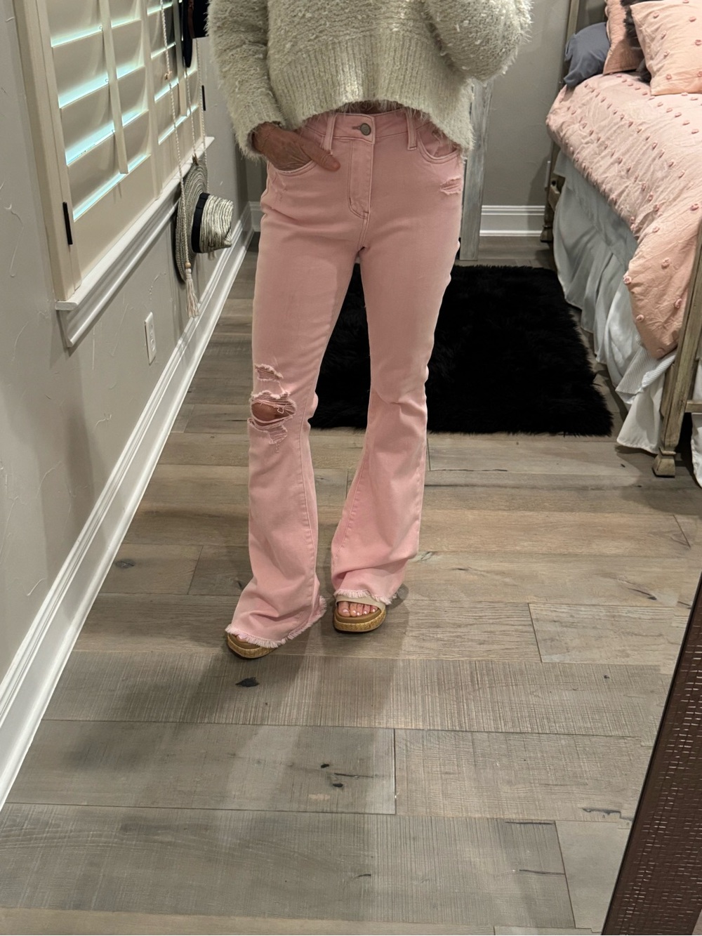 Judy Blue High-Rise Pink Flare Jeans with Distressed Knee - Picture 5 of 13